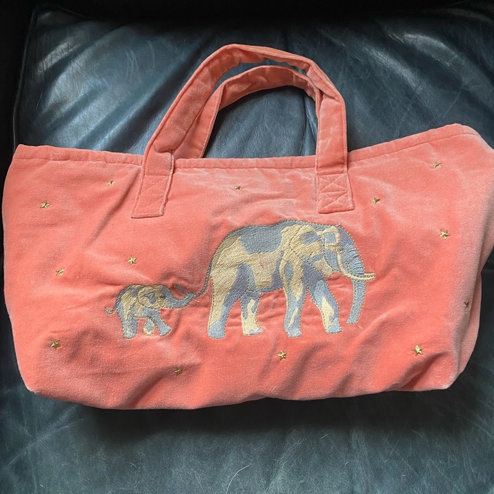 Elephant Embroidered Coral Tote Bag